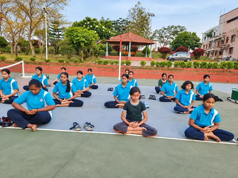 Boarders meditating during hostel yoga at DPS Chhindwara