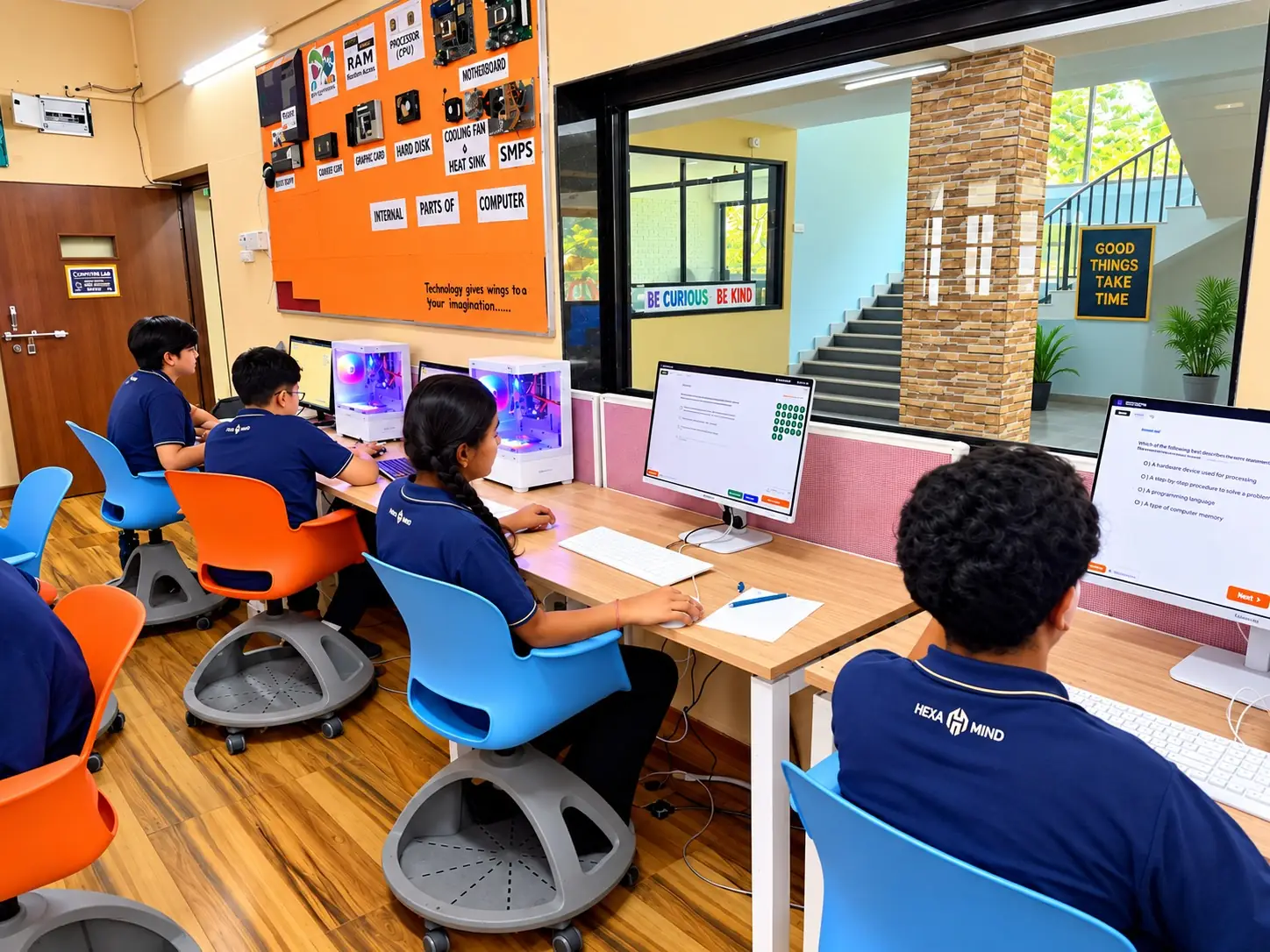 Students at computers in the school computer lab at DPS Chhindwara