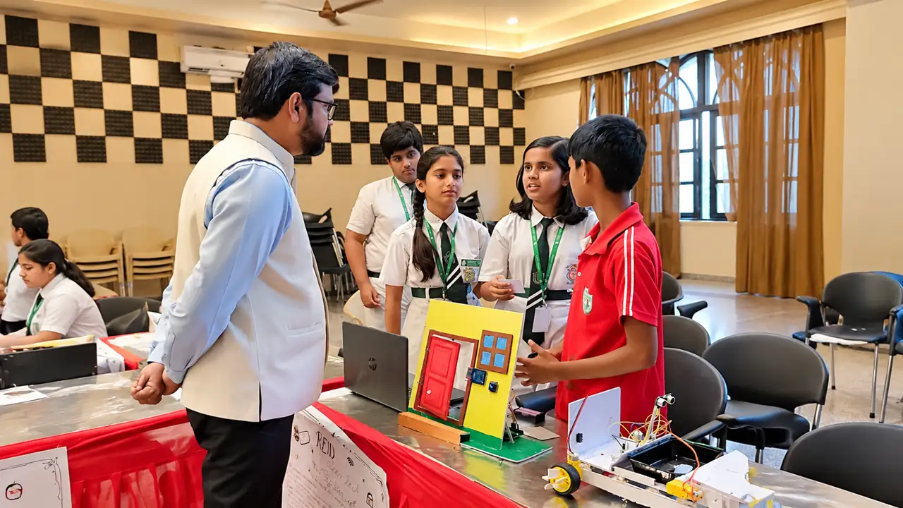 Students explaining their project at the ATL exhibition, Delhi Public School Chhindwara