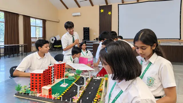 Students building a smart city model in the Atal Tinkering Lab, Delhi Public School Chhindwara