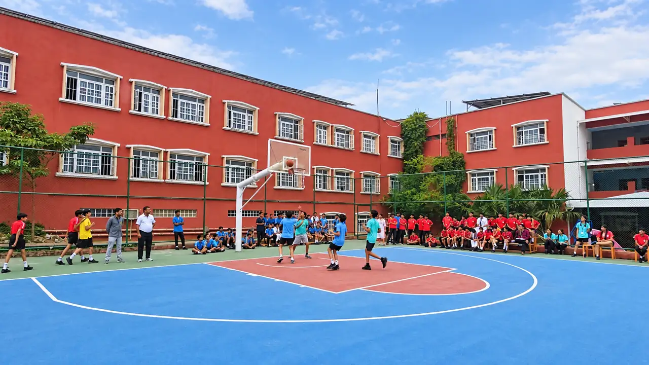 The academic block and basketball court at Delhi Public School Chhindwara