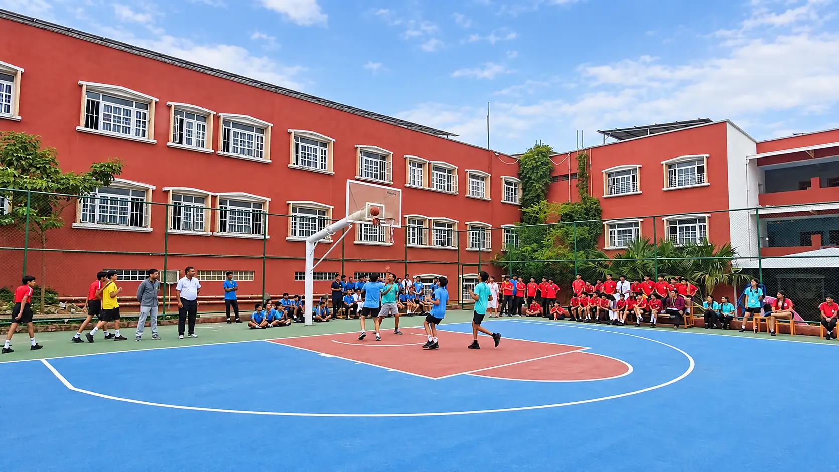 The academic block and basketball court at Delhi Public School Chhindwara