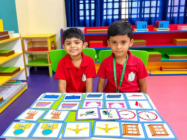 Foundation Stage students learning with picture cards at Delhi Public School Chhindwara