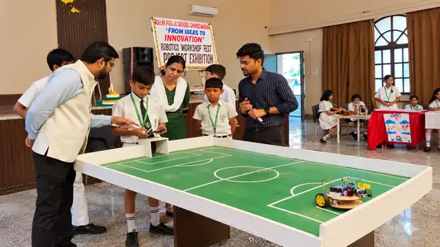 Students testing robots at the robotics workshop, Delhi Public School Chhindwara