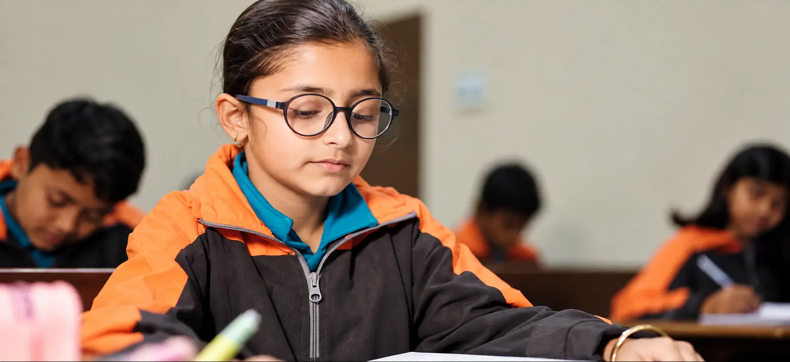 A student concentrating on her work in class at DPS Chhindwara