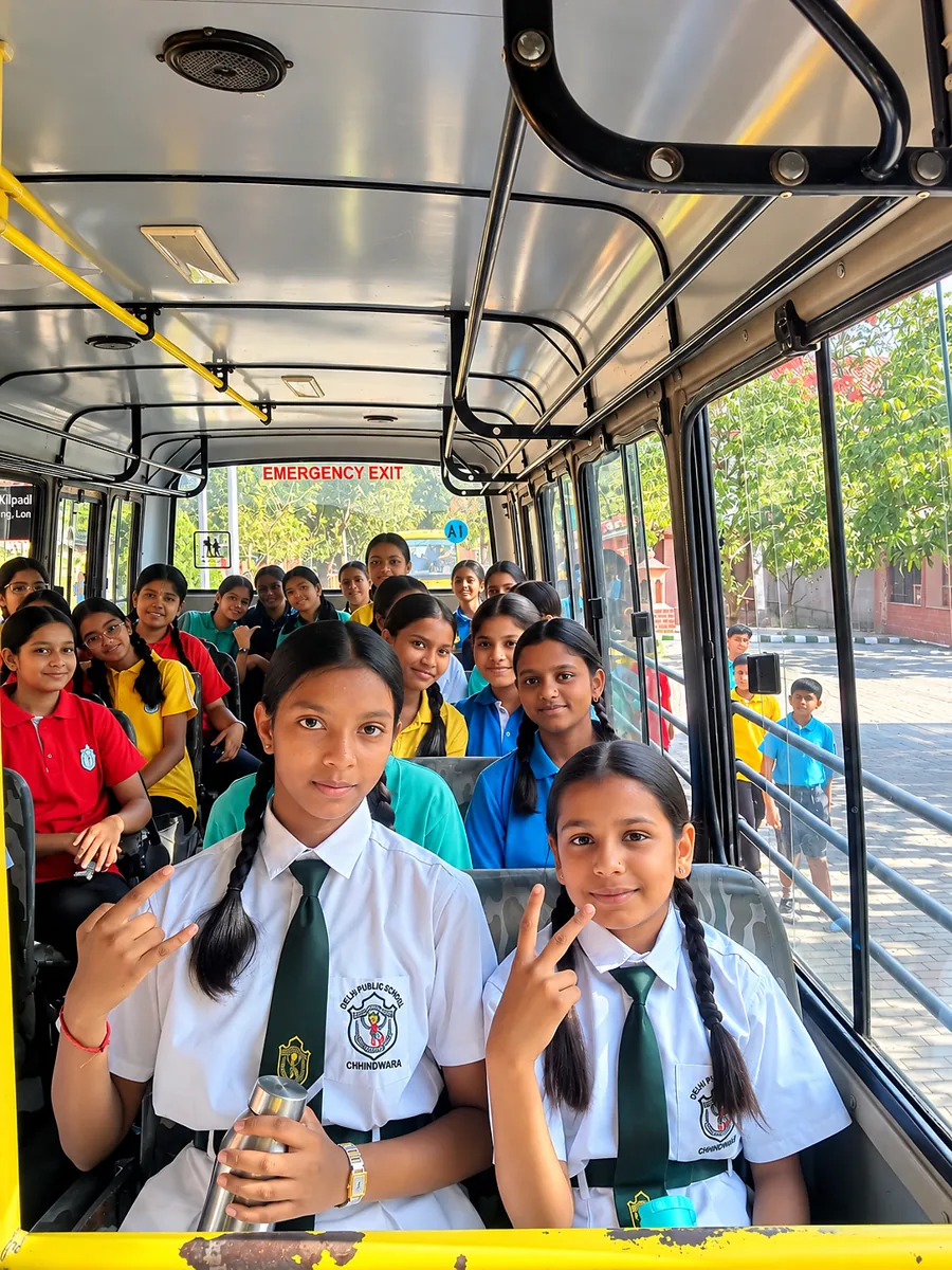 Students on board a Delhi Public School Chhindwara school bus