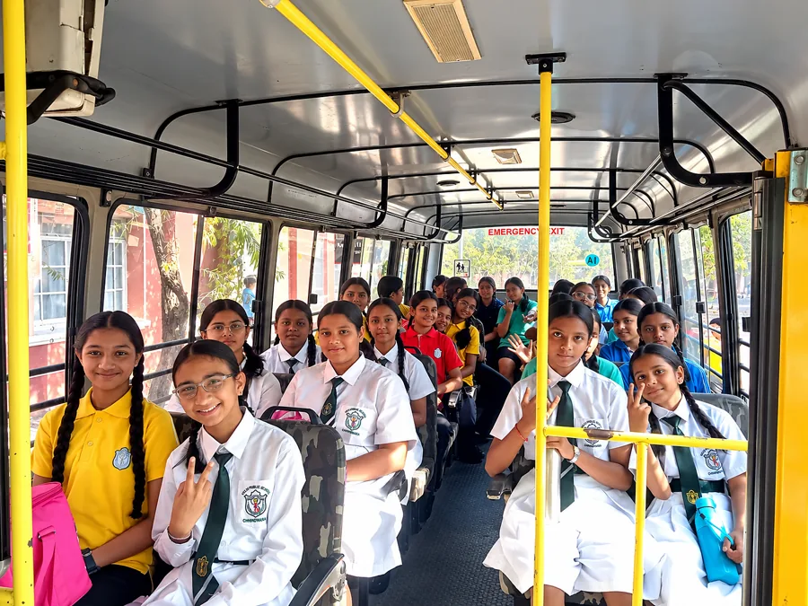 Students on a Delhi Public School Chhindwara school bus