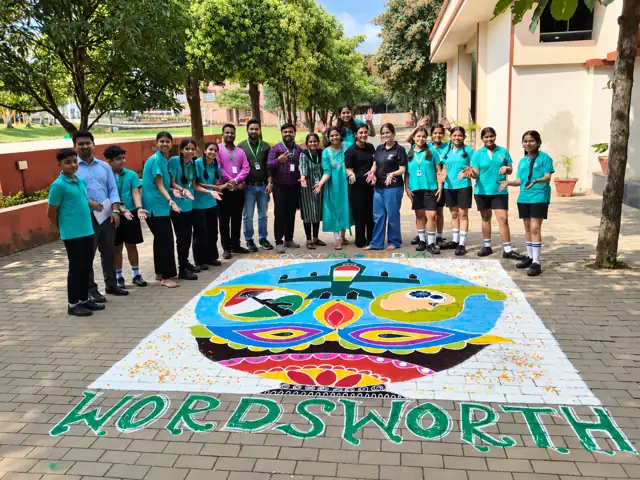 Wordsworth House students with their innovation rangoli, Delhi Public School Chhindwara