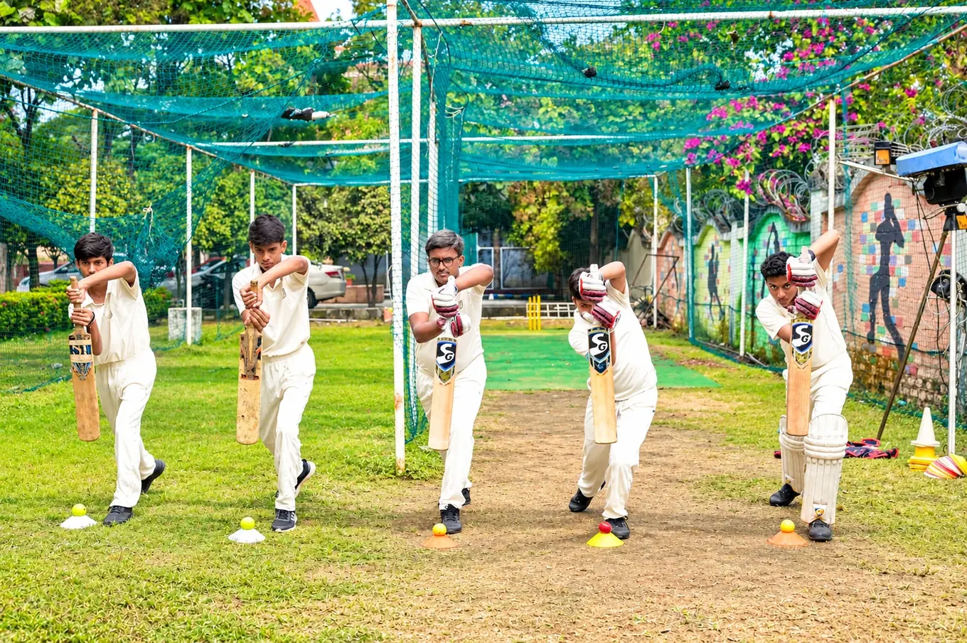A student batting in the cricket nets at DPS Chhindwara