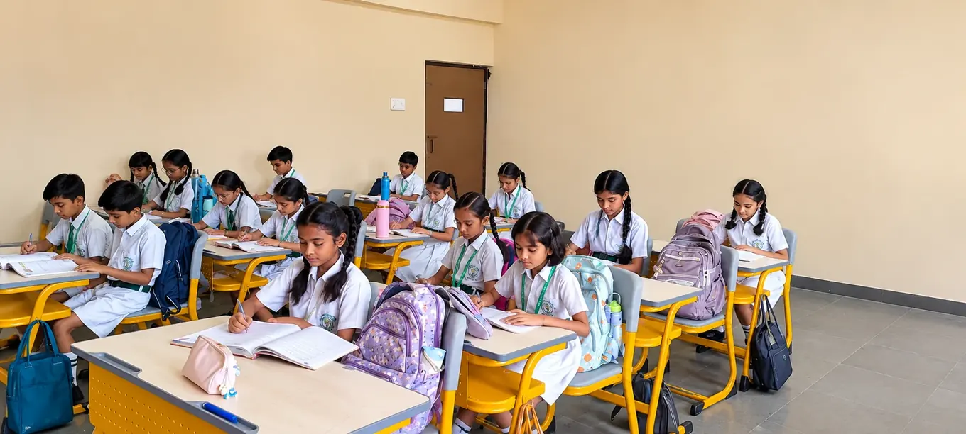 Focused students learning in a bright classroom